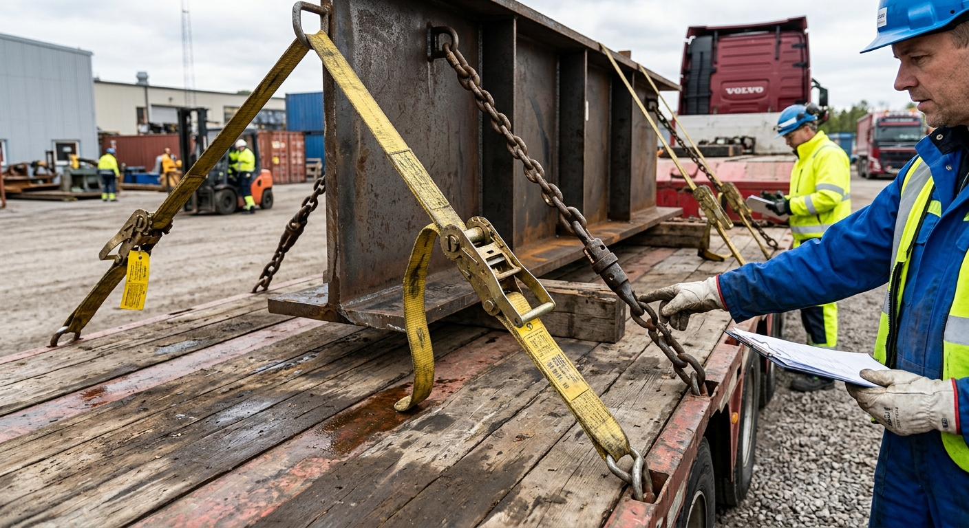 Säkrad tung last på lågbyggd trailer inför vägtransport