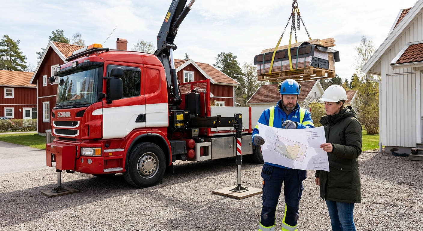 Kranbilsförare planerar ett lyft vid en villa