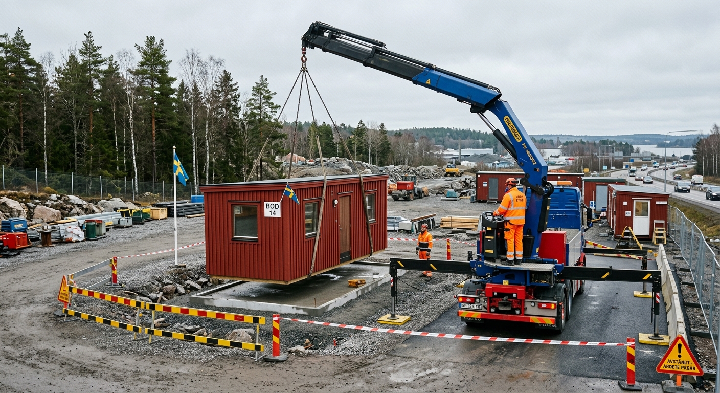 Kranbil som placerar en byggbod på en öppen arbetsplats