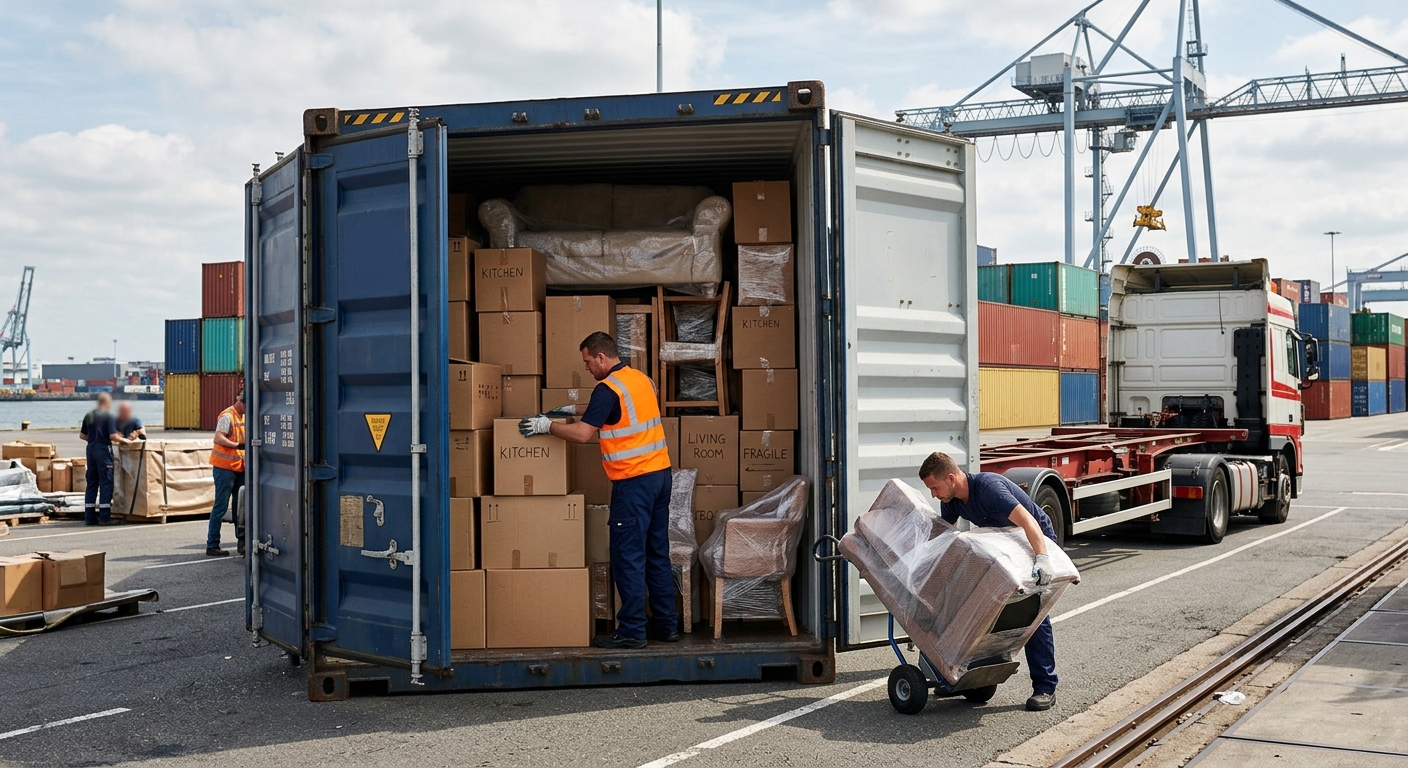 Flyttcontainer och flyttkartonger vid en hamn för internationell bohagstransport