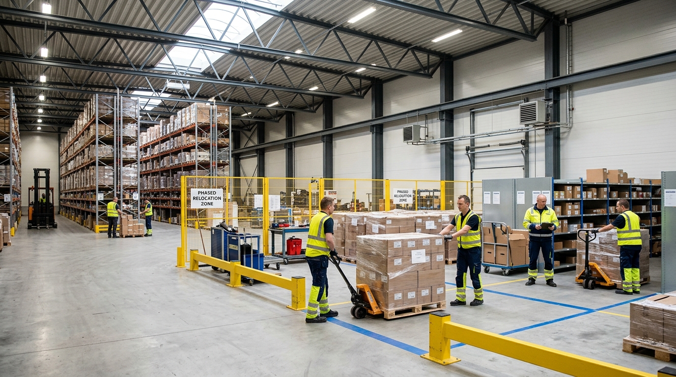 Lagerpersonal arbetar i en markerad flyttzon under en etappvis lagerflytt