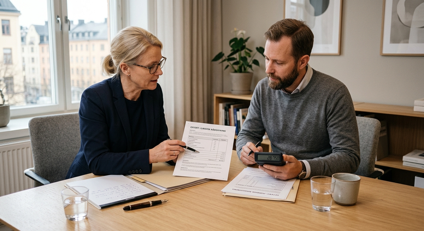 Två personer jämför juridiska offerter vid ett bord