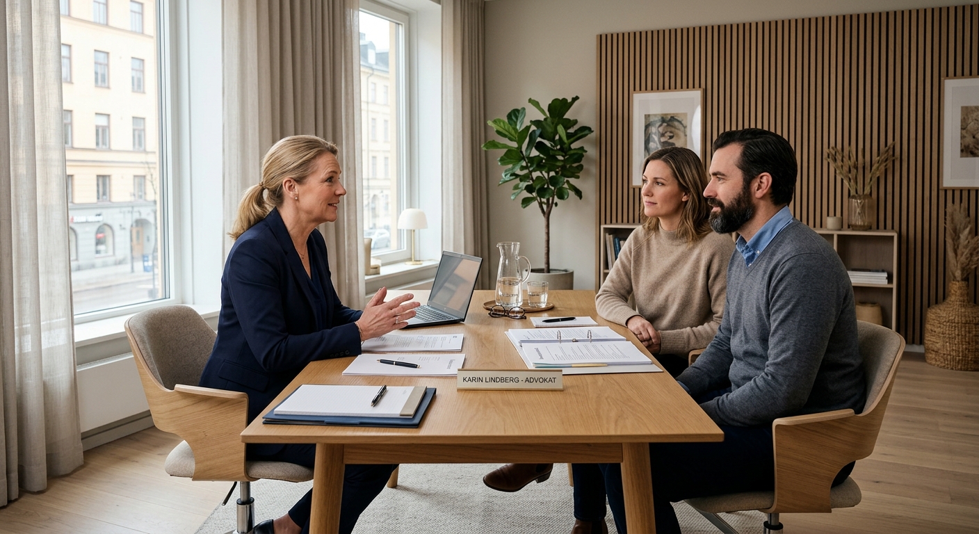 Två personer och en jurist samtalar lugnt vid ett mötesbord