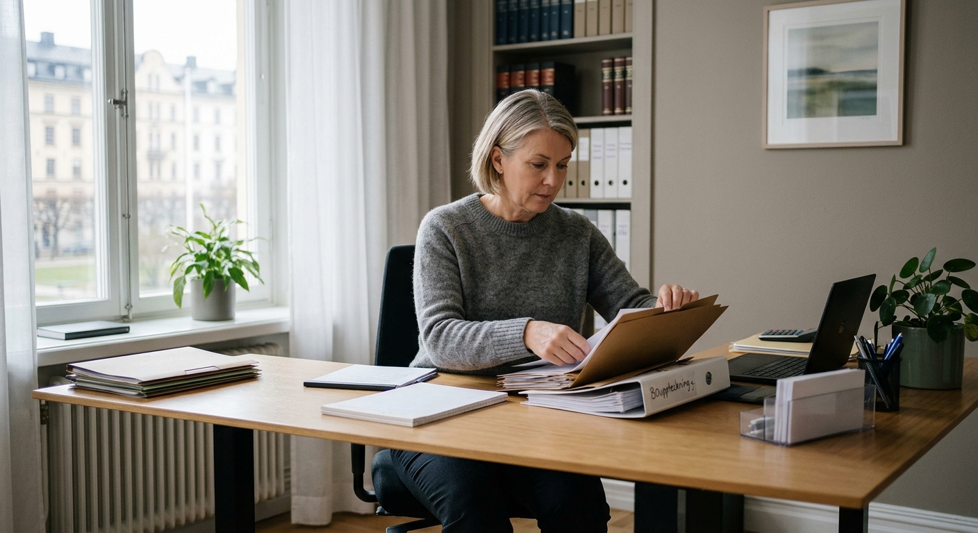 Person sorterar dokument för ett dödsbo på ett skrivbord