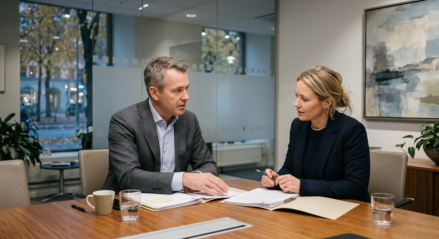 Jurist och privatperson samtalar om handlingar i ett lugnt mötesrum