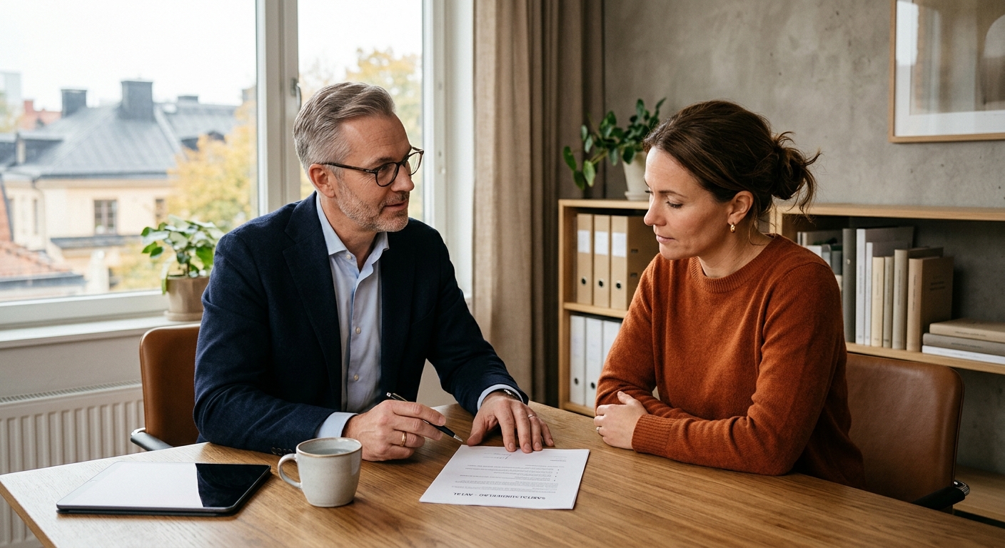 Juridisk rådgivare och klient som går igenom dokument på ett kontor