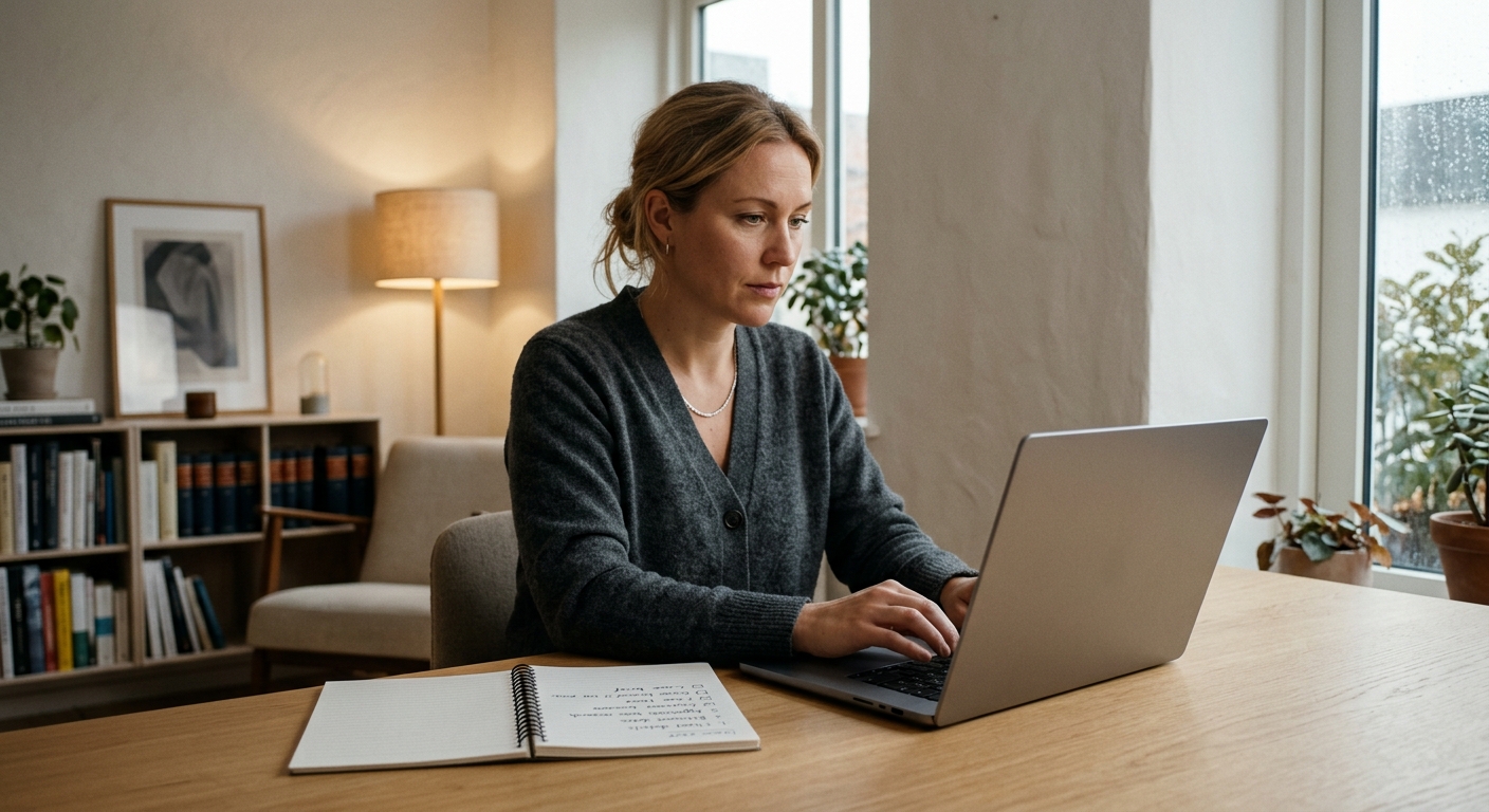 Person som skriver en kort och saklig juridisk förfrågan på en laptop