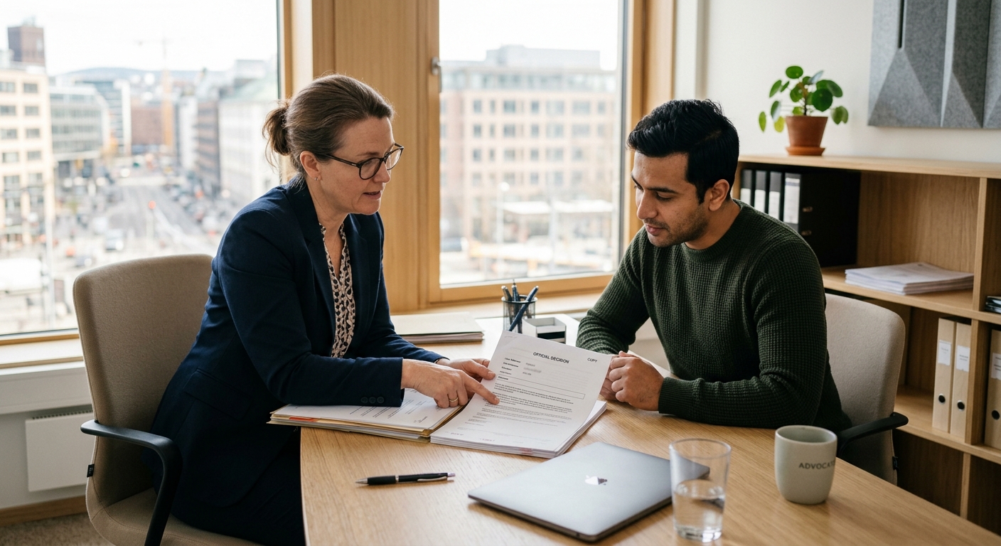 Jurist går igenom ett myndighetsbeslut tillsammans med klient
