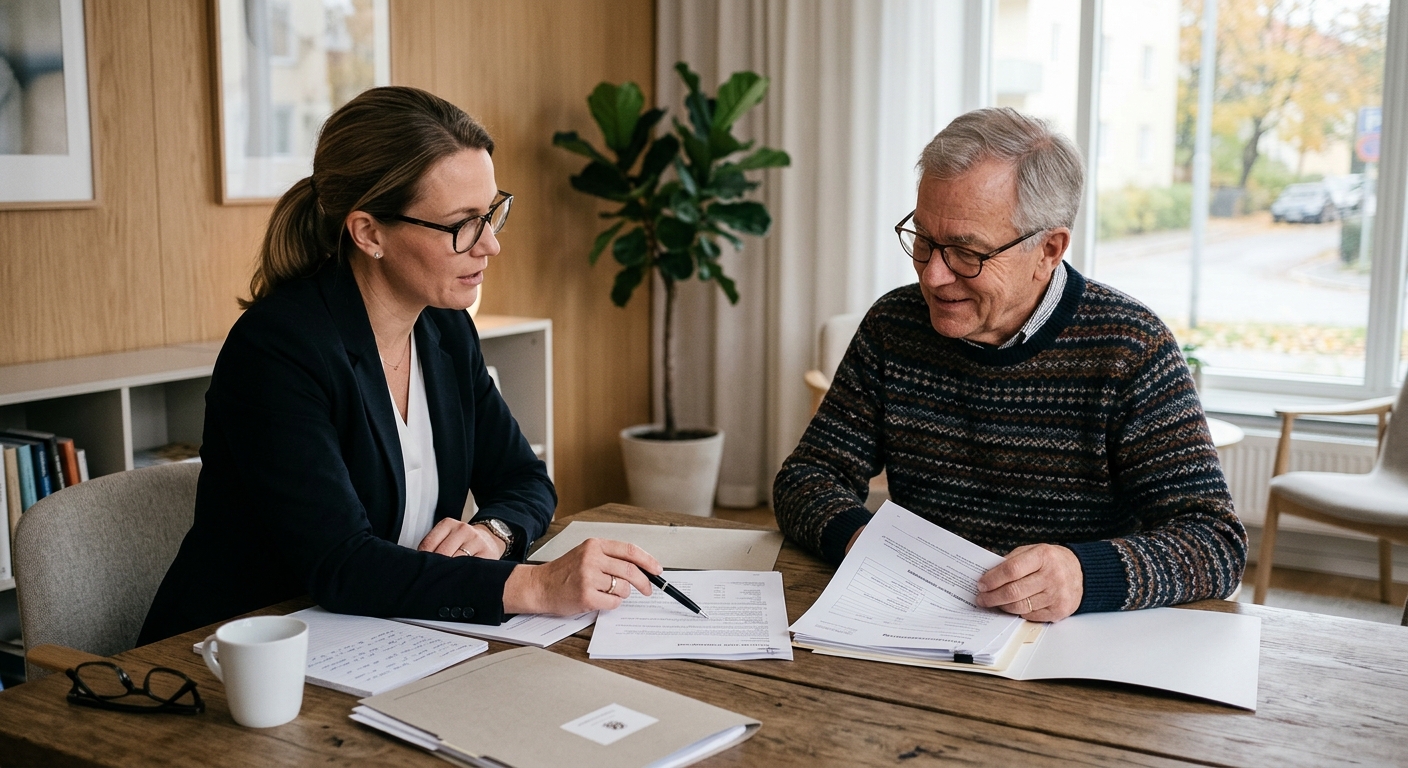 Jurist och privatperson jämför ett skriftligt prisupplägg och fastighetshandlingar