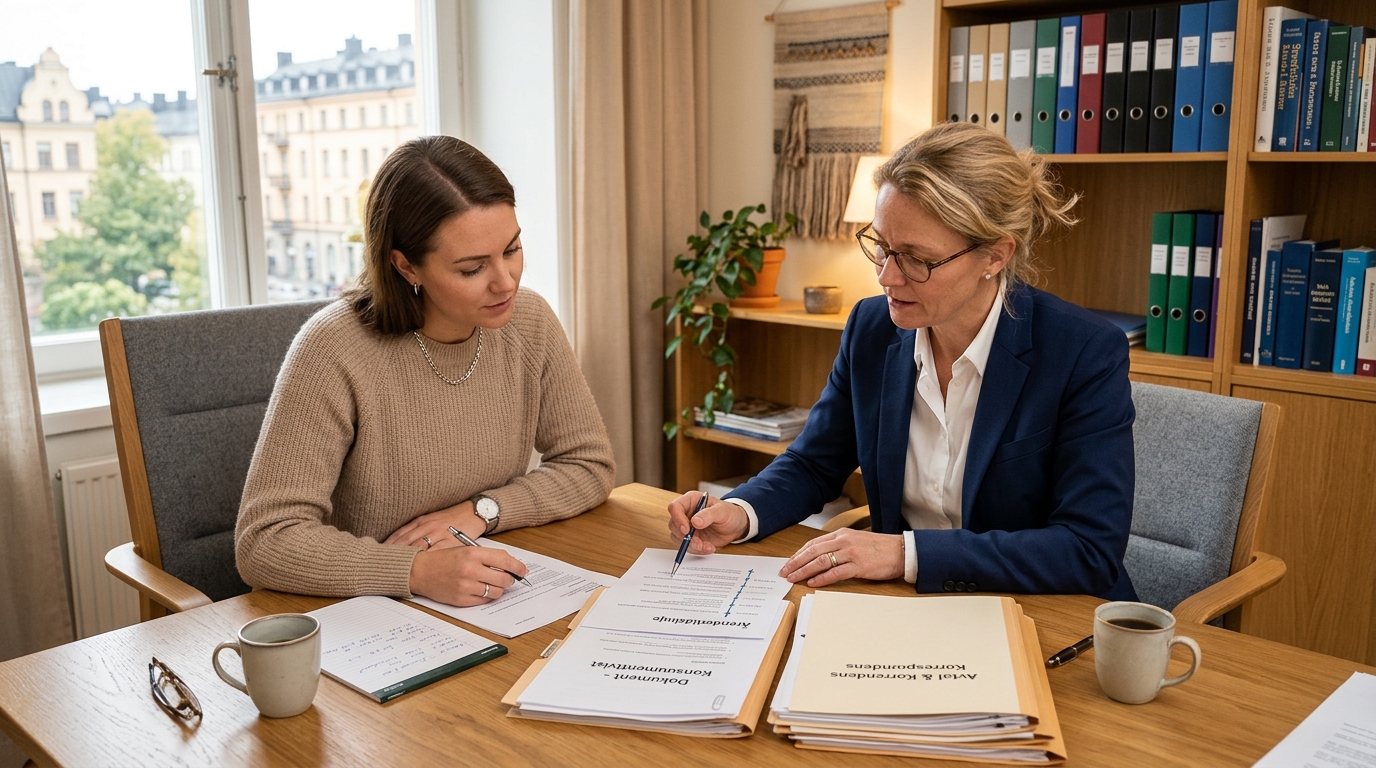 Jurist och klient går igenom ett konsumentärende vid ett bord
