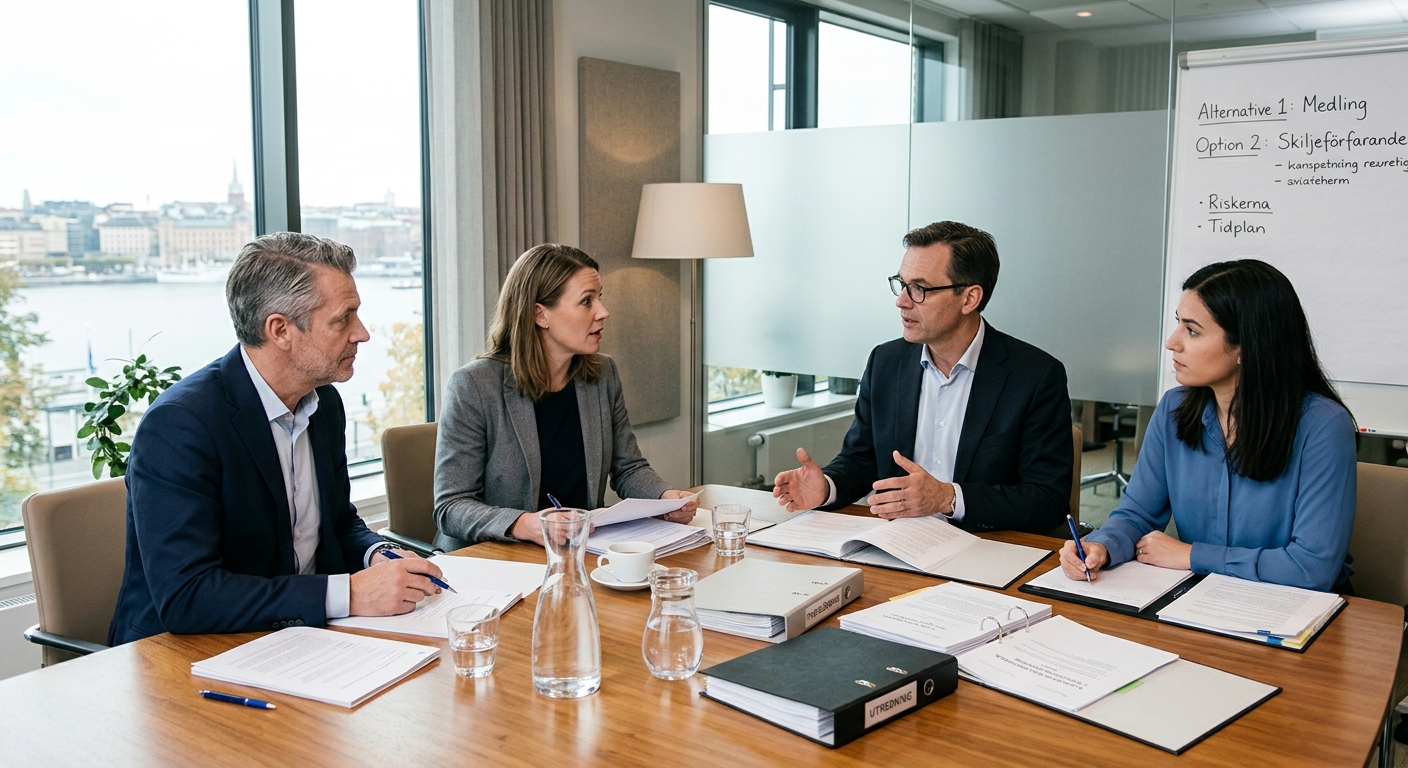 Juridiskt möte där två företag diskuterar vägval i en affärstvist