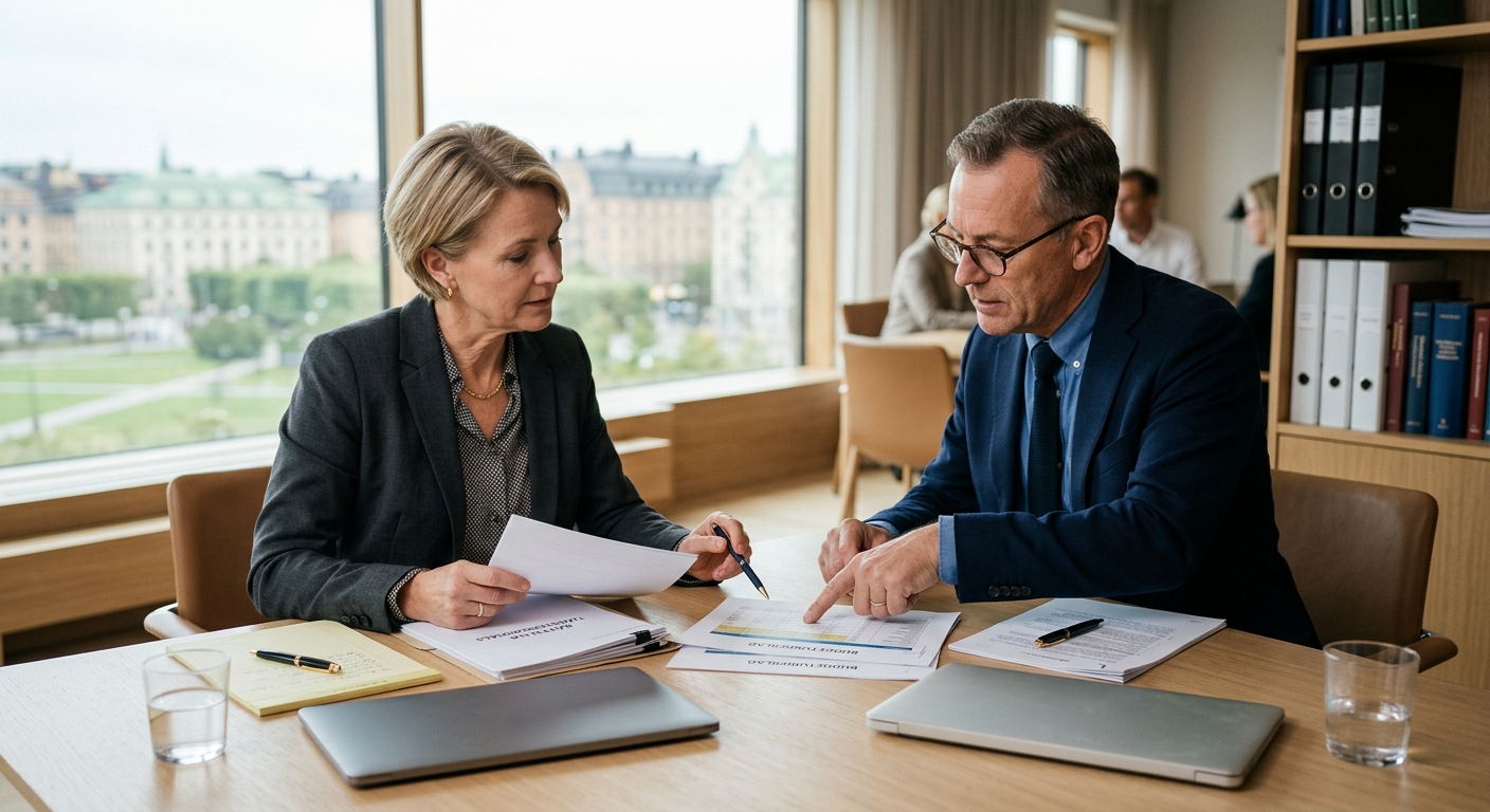 Jurist och företagsledare jämför offertunderlag för en företagstvist