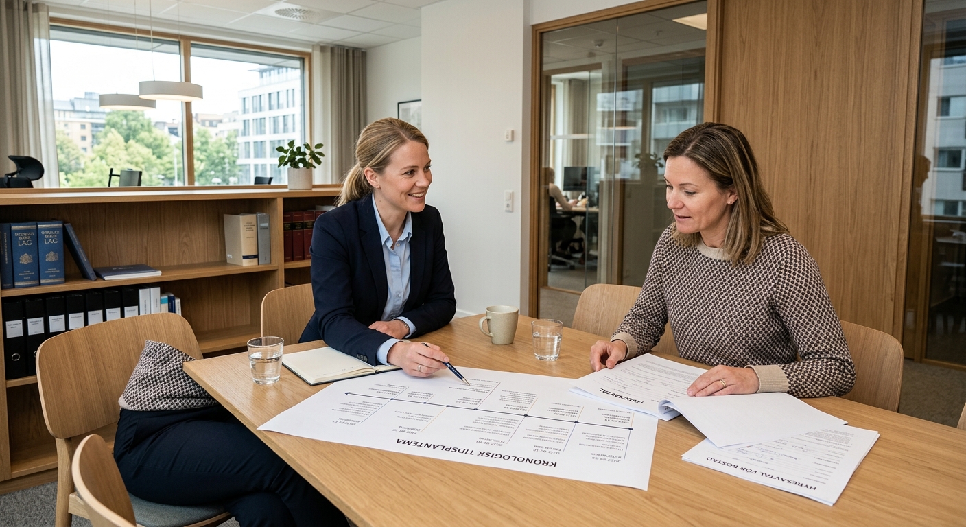 Jurist och klient som sorterar hyresavtal och tidslinje inför möte