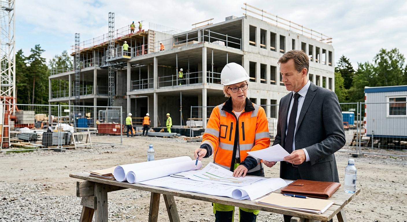 Byggprojektledare går igenom tidsplan och dokumentation på en byggarbetsplats