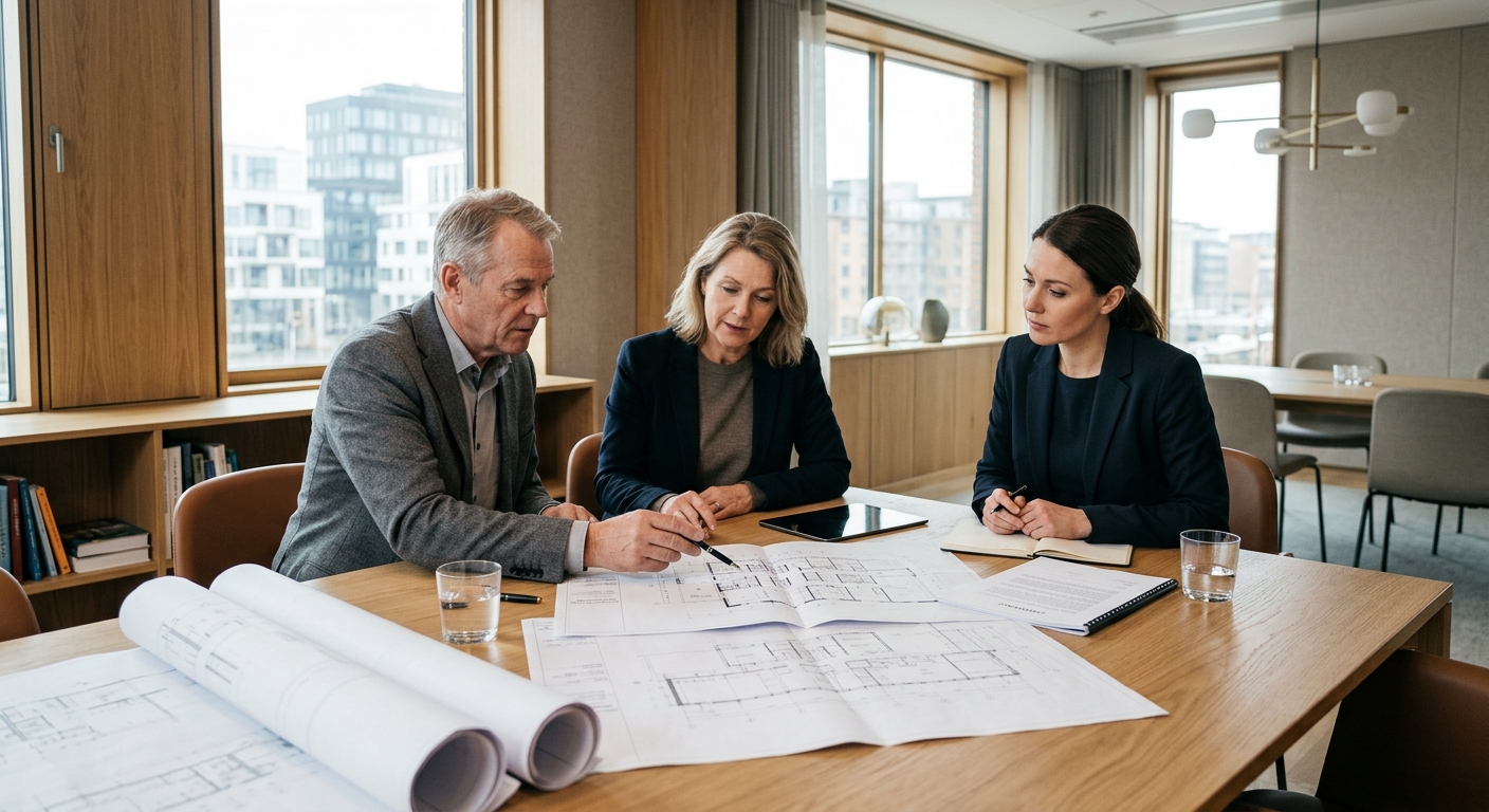 Två företagsrepresentanter och jurist förhandlar kring ett byggprojekt