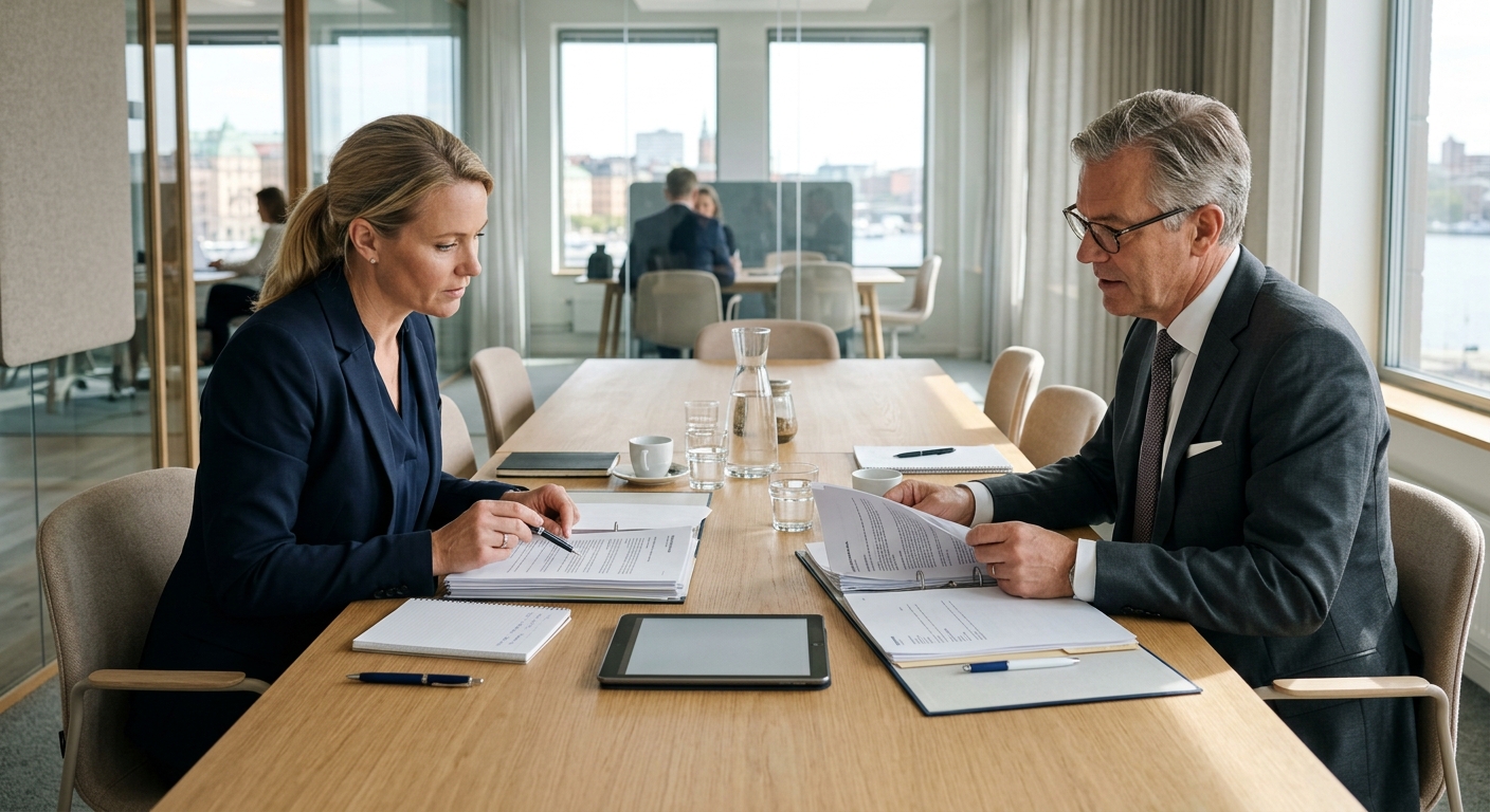 Företagare och jurist går igenom försäkringsvillkor vid ett mötesbord