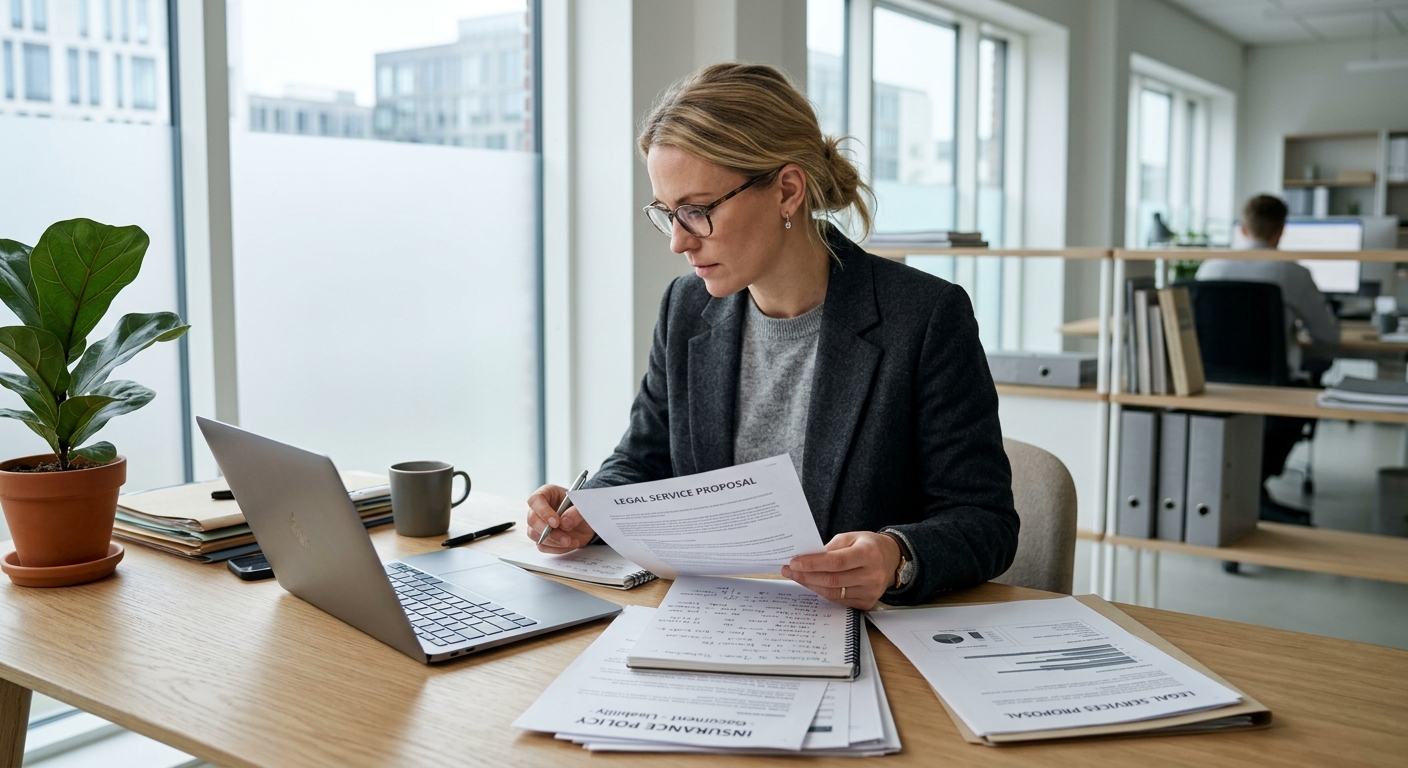 Jurist antecknar jämförelsepunkter framför försäkringshandlingar och laptop