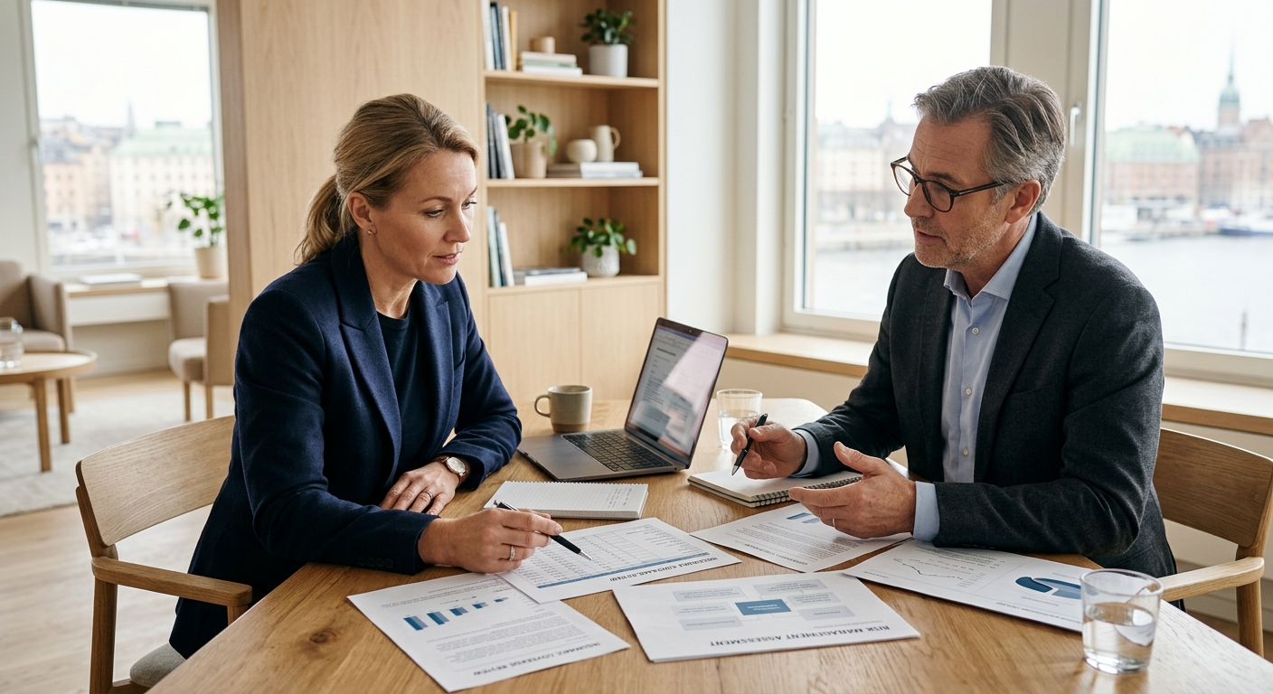 Företagsledare granskar risk- och försäkringsdokument på kontor