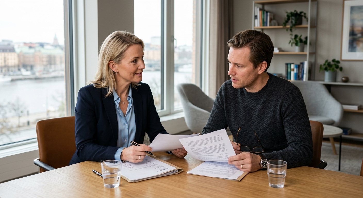 Juridiskt möte mellan klient och jurist på ett lugnt kontor