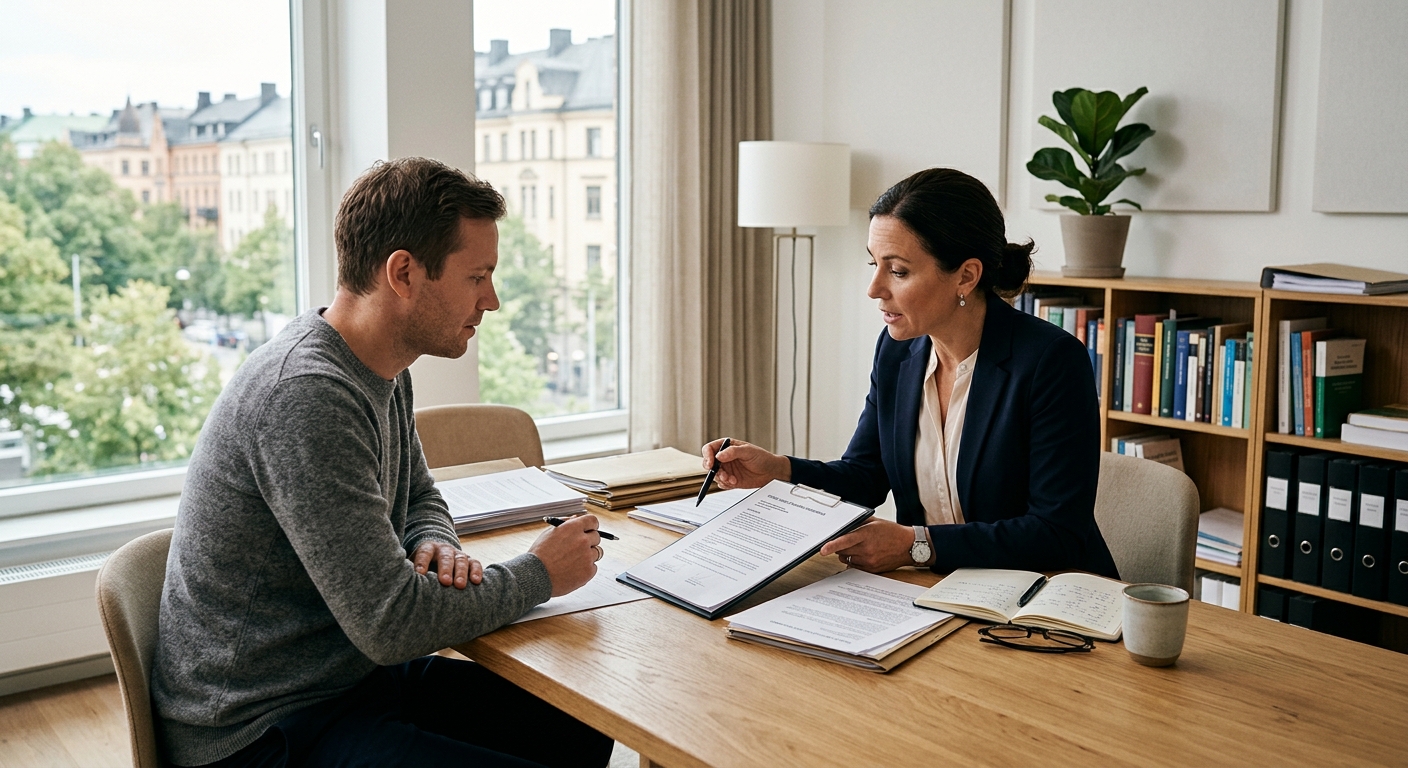 Jurist och klient går igenom en offert och juridiska dokument