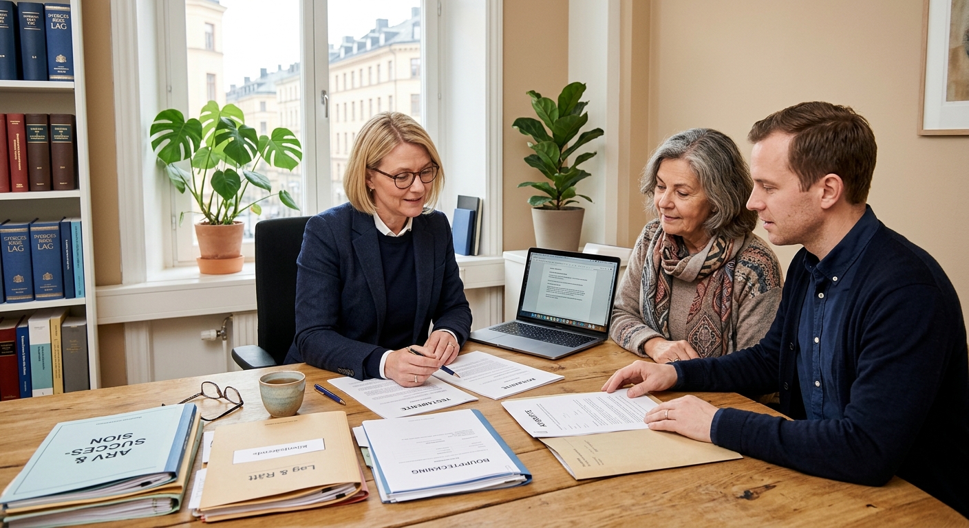 Jurist går igenom handlingar med familj vid ett skrivbord