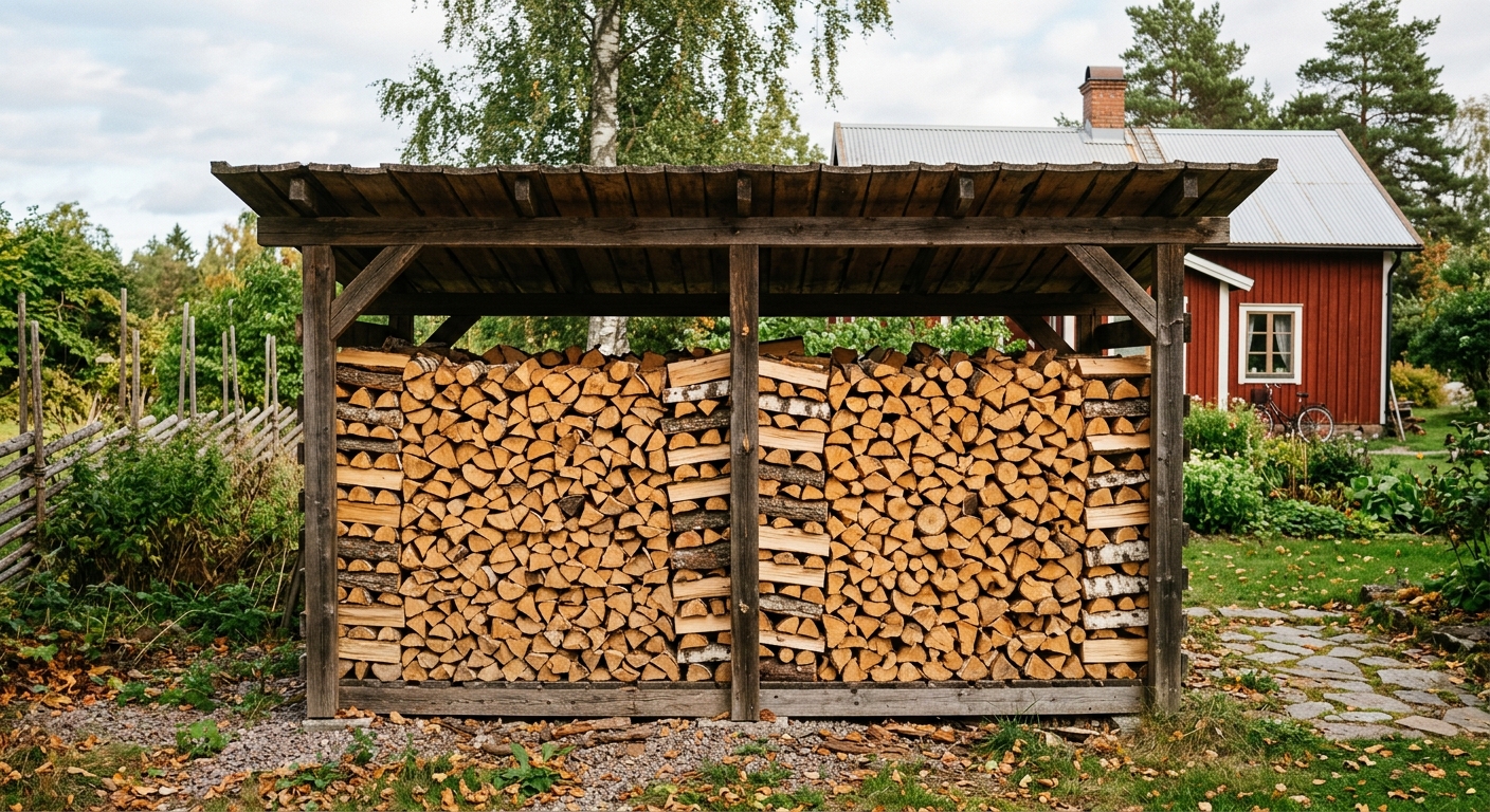 Luftigt staplad ved under tak med öppen sida för ventilation