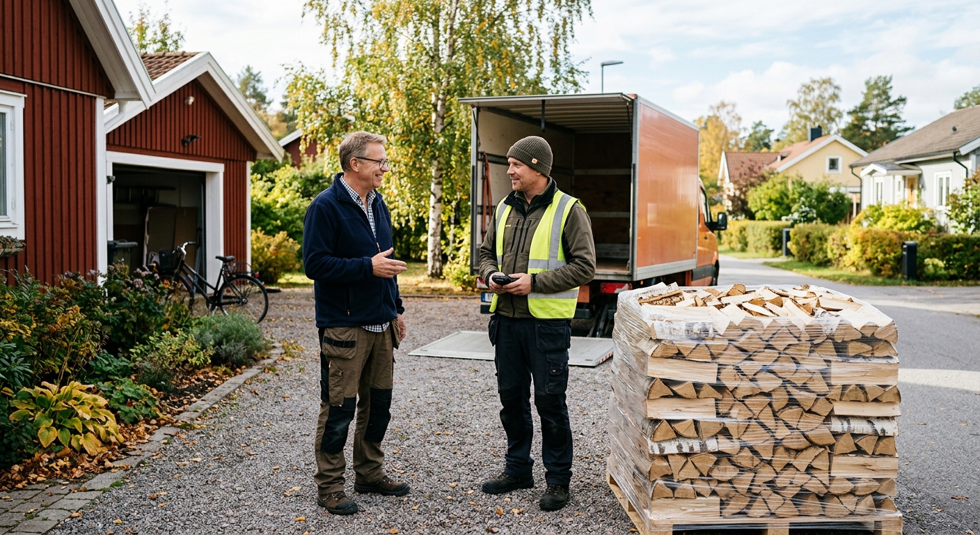 Villaägare visar avlastningsplats för en leverans av ved på pall