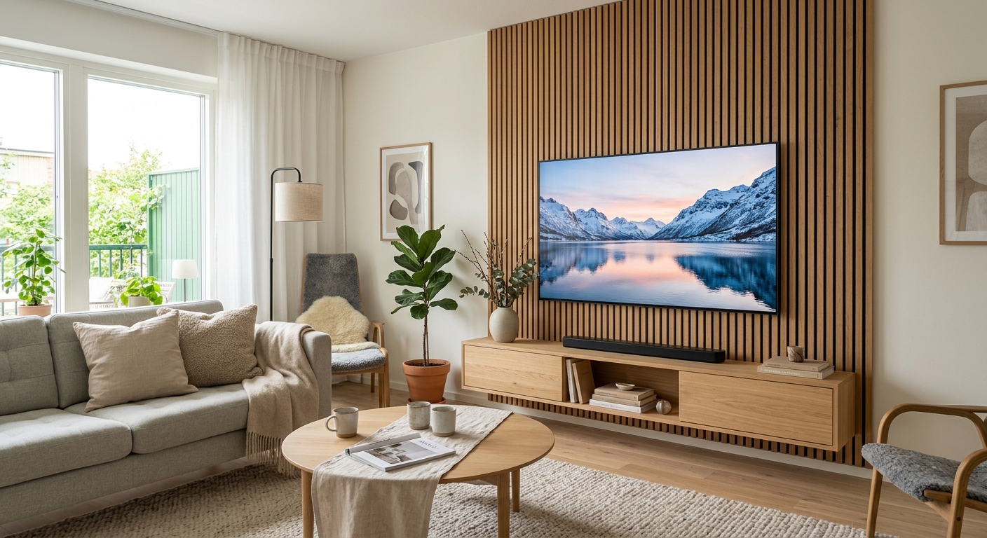 TV på vägg med träfärgad akustikpanel i modernt vardagsrum