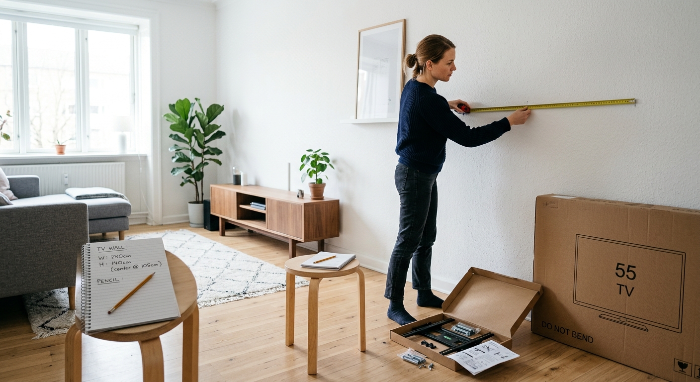 Person mäter vägg för planerad TV-montering med TV och väggfäste nära till hands