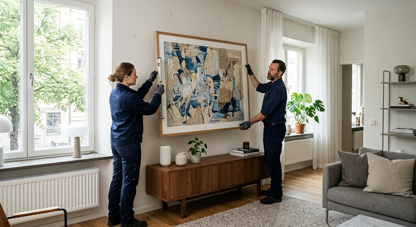 Två personer monterar en stor inramad tavla på vardagsrumsvägg