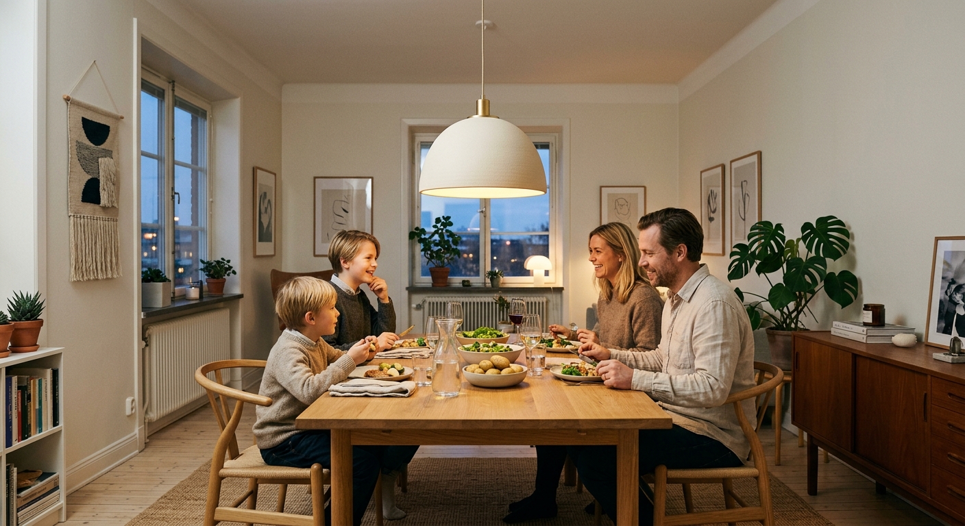 Färdigmonterad pendellampa över ett matbord