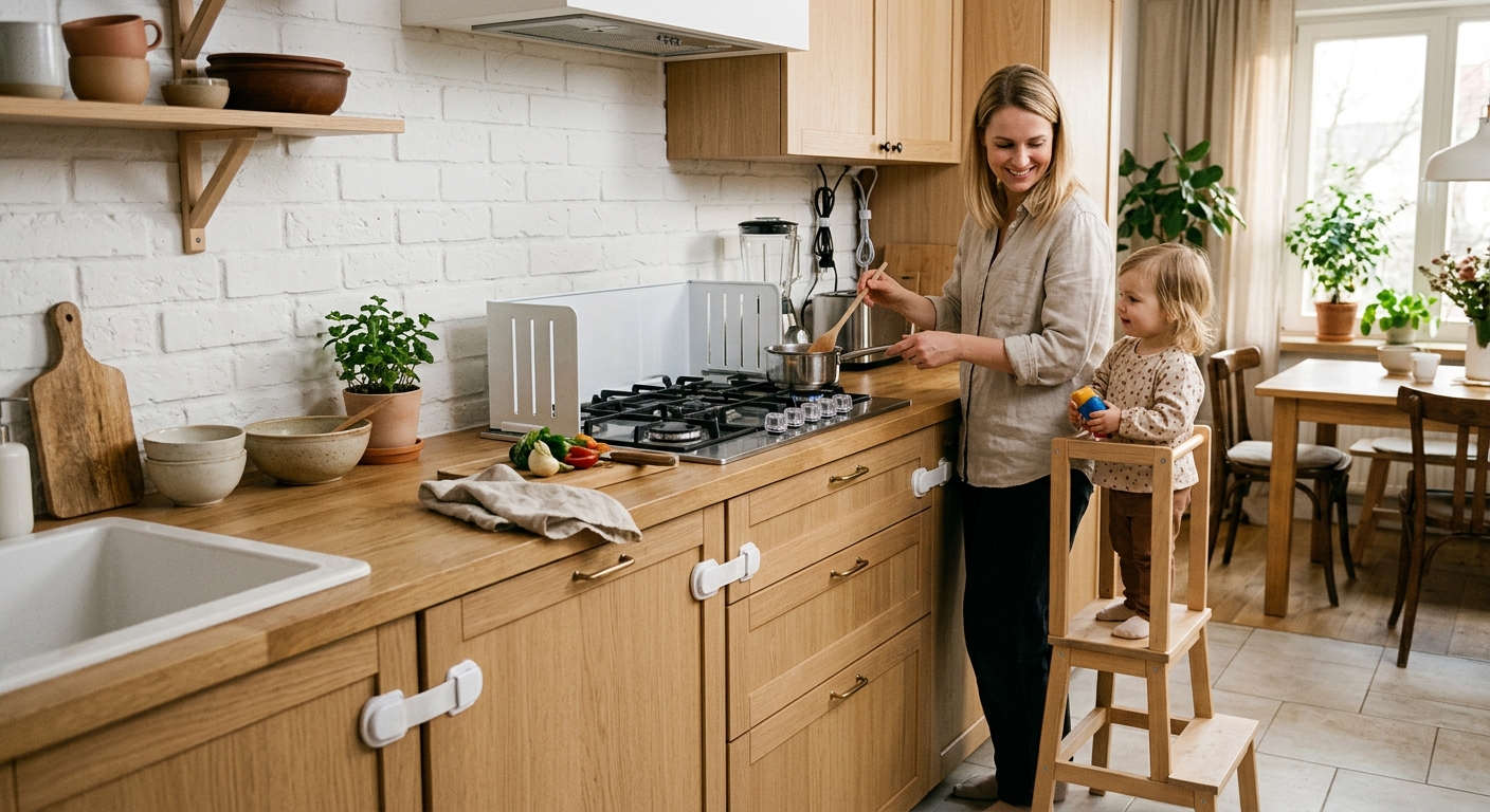 Barnsäkert kök med kastrullskydd och låsta underskåp