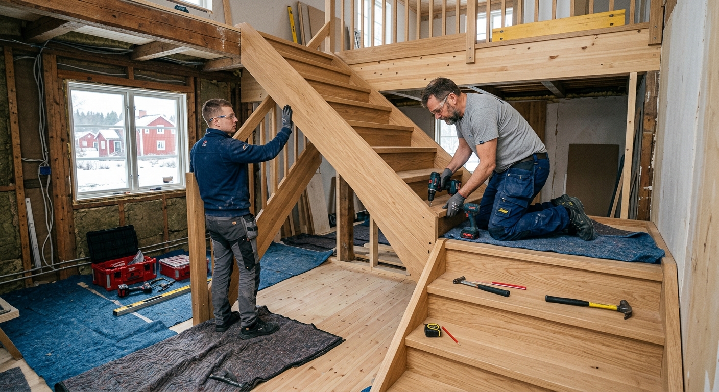 Två snickare monterar en prefabricerad trätrappa inomhus