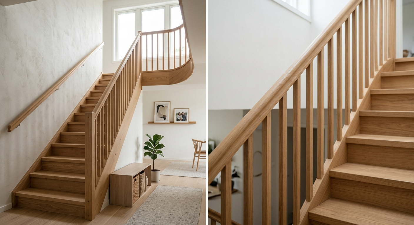 Trätrappa i ek med säker ledstång och vertikalt räcke