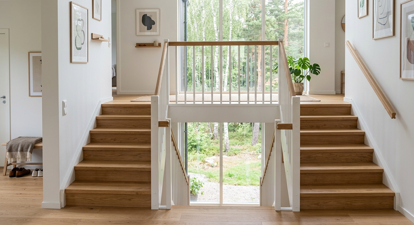 L-formad trätrappa med vilplan