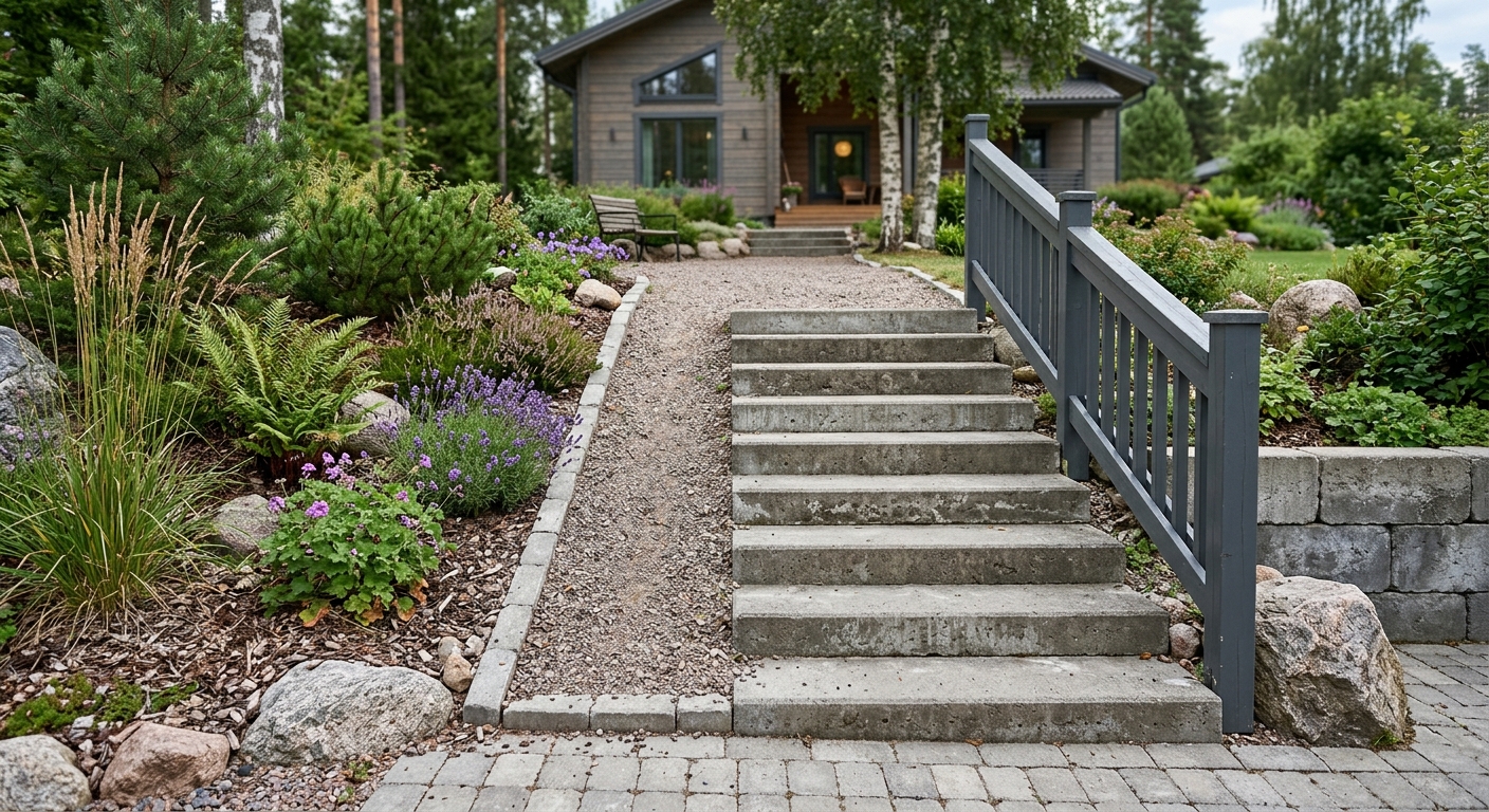 Rak utomhustrappa byggd med grå betongblock