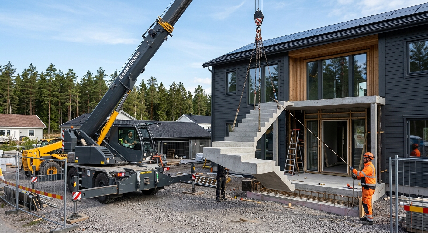 Prefabricerad betongtrappa som monteras vid husgrund