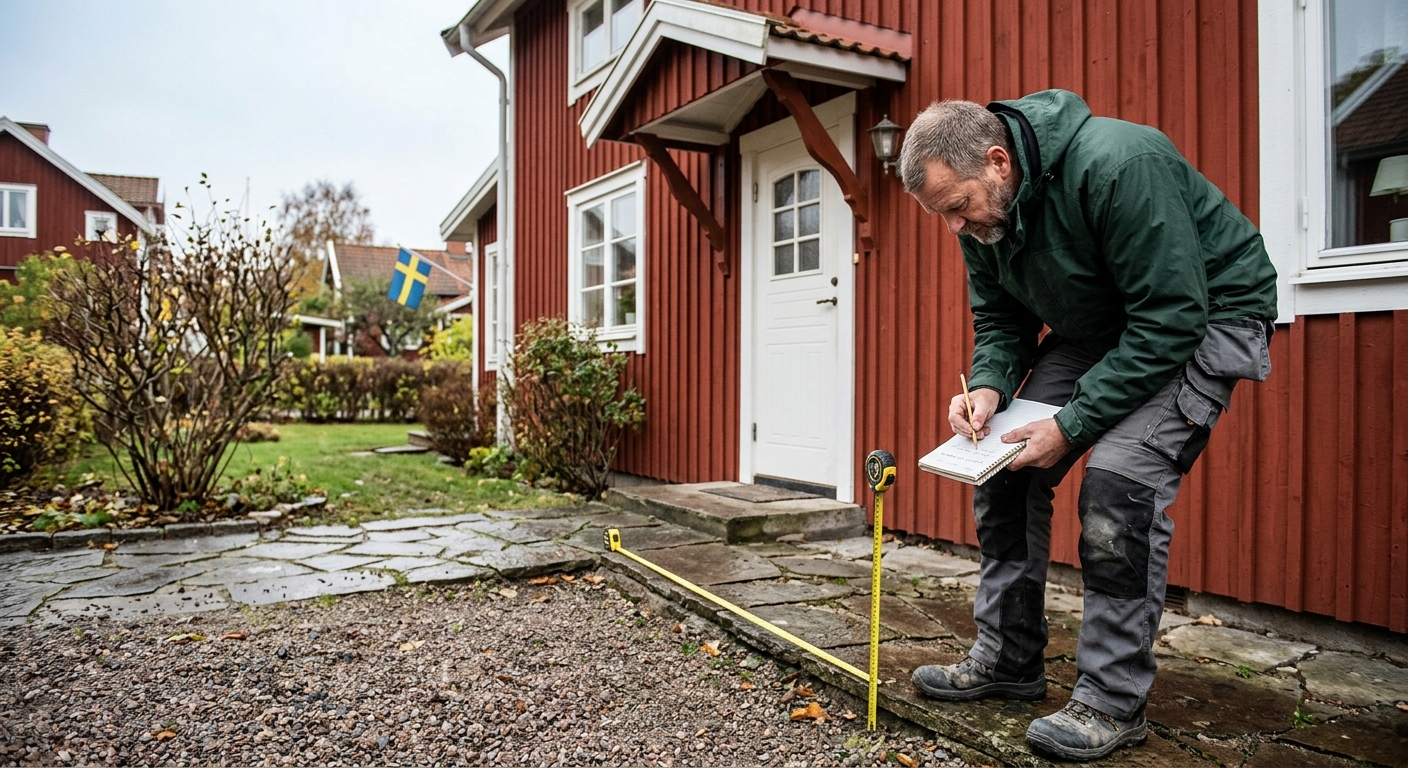 Måttagning av plats för ny betongtrappa vid entré