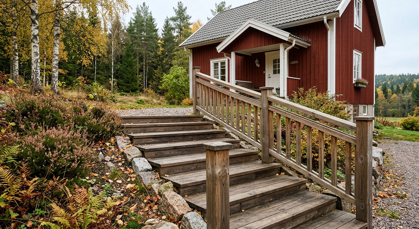 Utomhusräcke i trä längs entrétrappa
