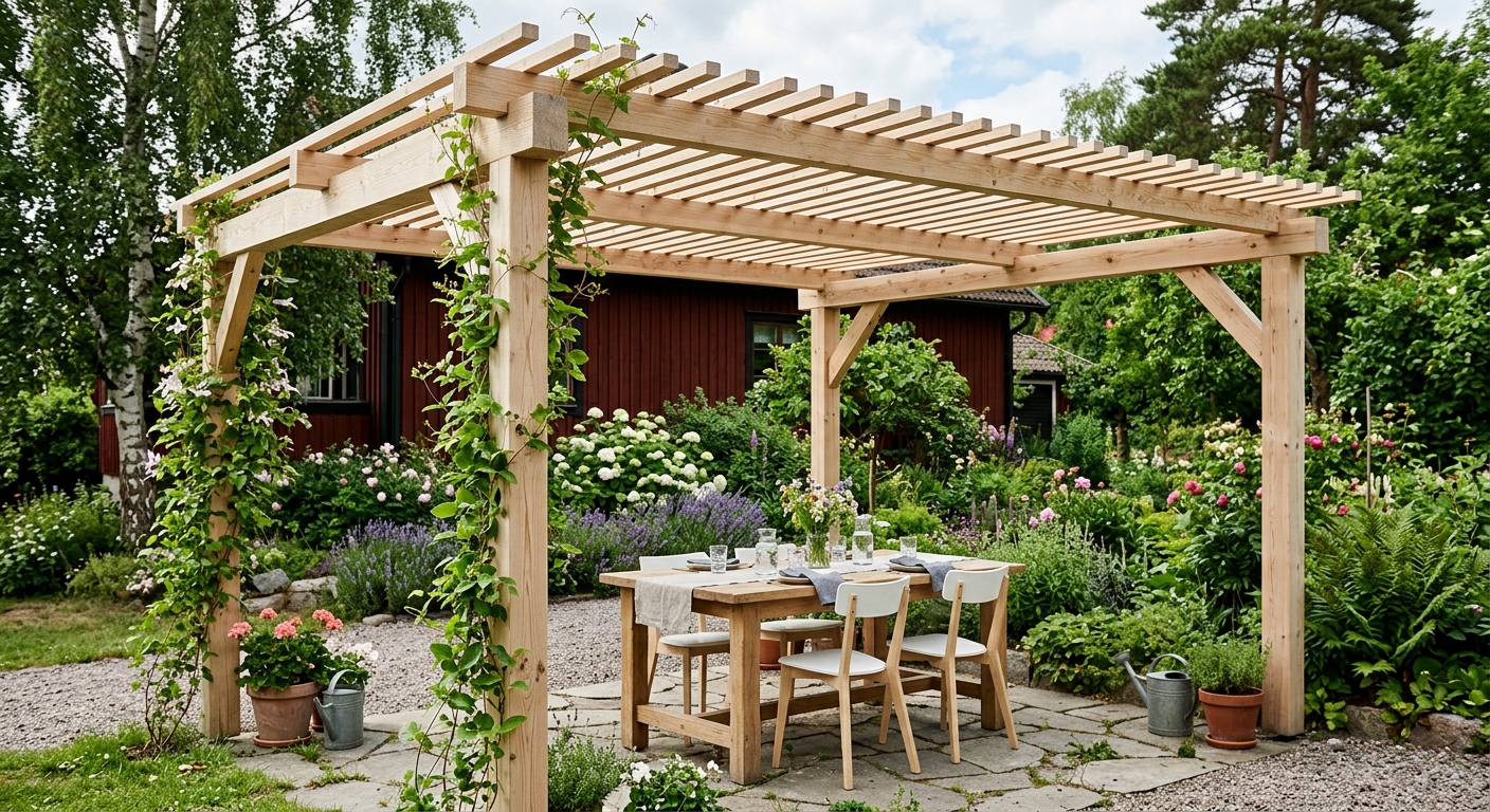 Öppen pergola med raka ribbor