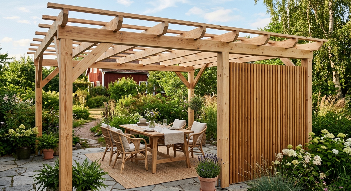 Pergola med spaljé på en sida