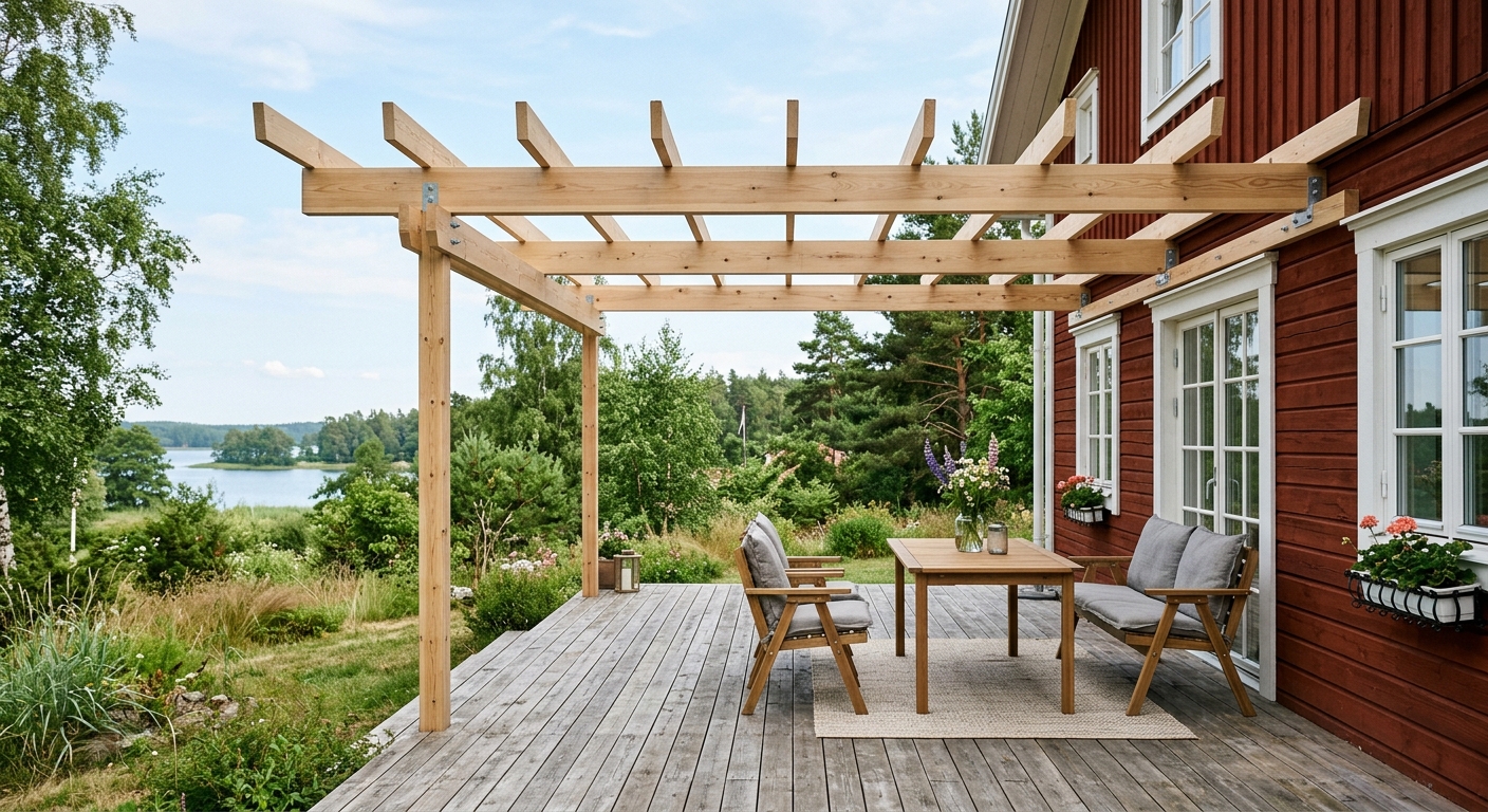 Väggansluten pergola över altan