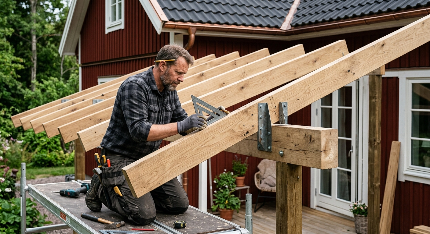 Pergola med planerat tak och avvattning vid husfasad