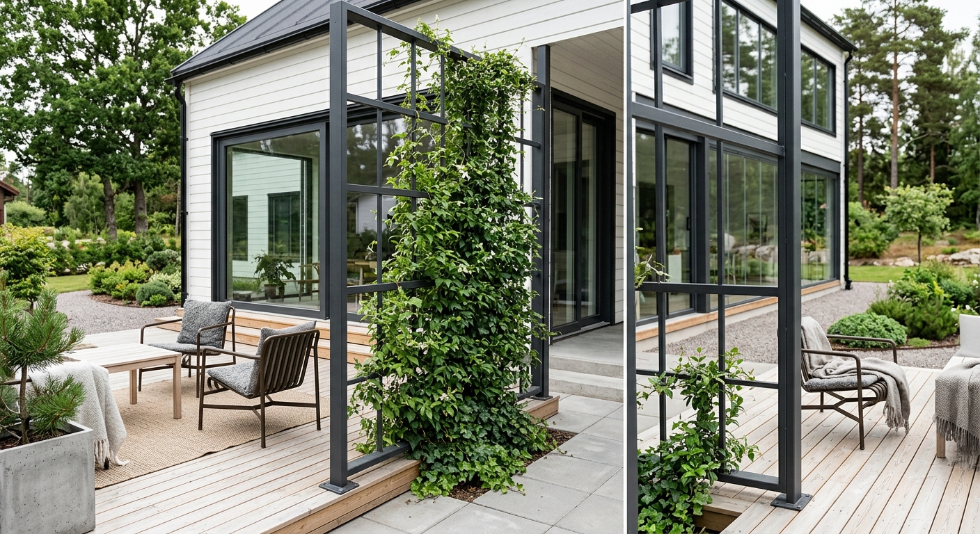 Mörk metallspaljé vid en modern terrass