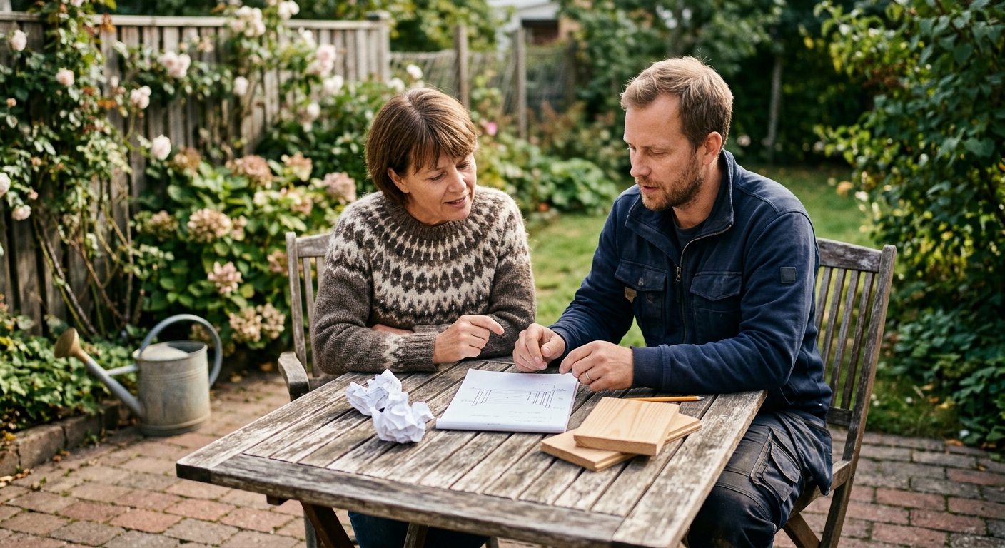 Husägare och snickare går igenom ritning och offert för träplank