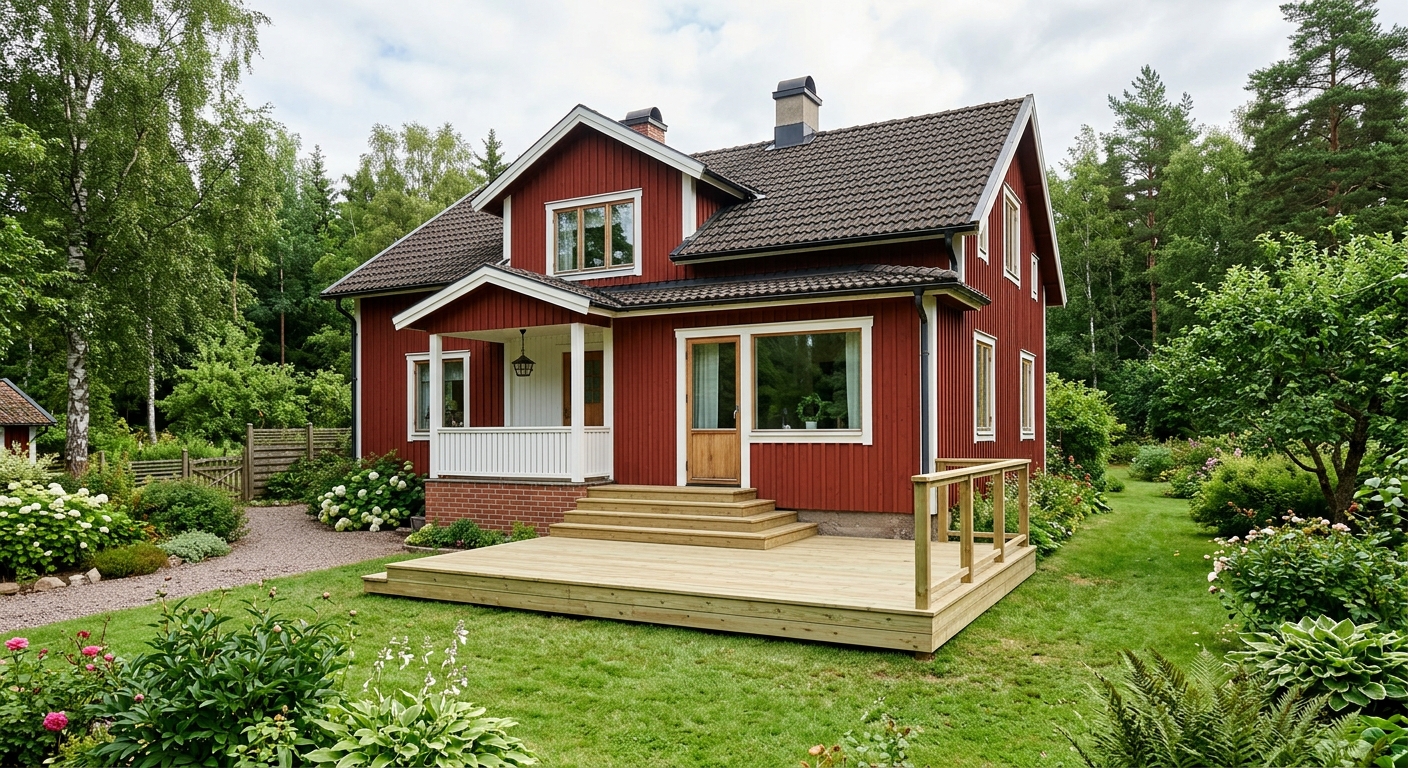 Trädäck av tryckimpregnerad trall vid en svensk villa