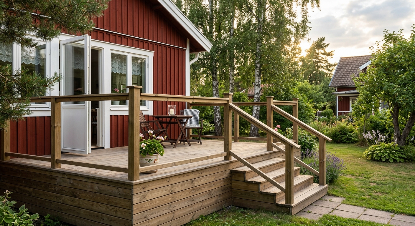 Färdigt trädäck med trappa och räcke vid svensk villa