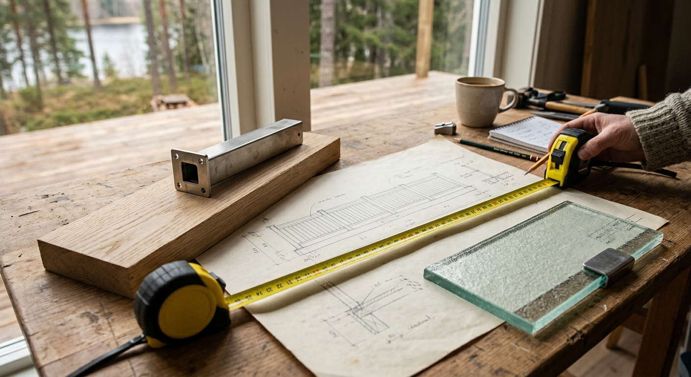 Ritning, måttband och materialprover för planering av ett altanräcke