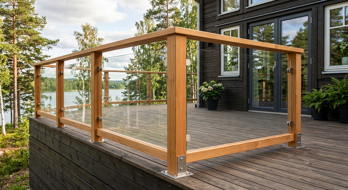 Färdigmonterat altanräcke i trä och glas på modern svensk villa