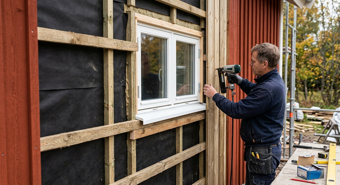 Ventilerad träfasad under montering med läkt och fönsterdetalj